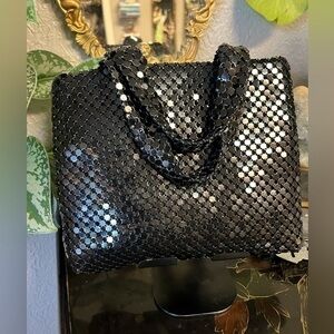 Vintage 80s Black Metal Textured Chainlink Chainmail Handbag 6